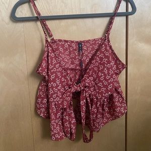 Red & White Floral Cropped Tie Tank Top